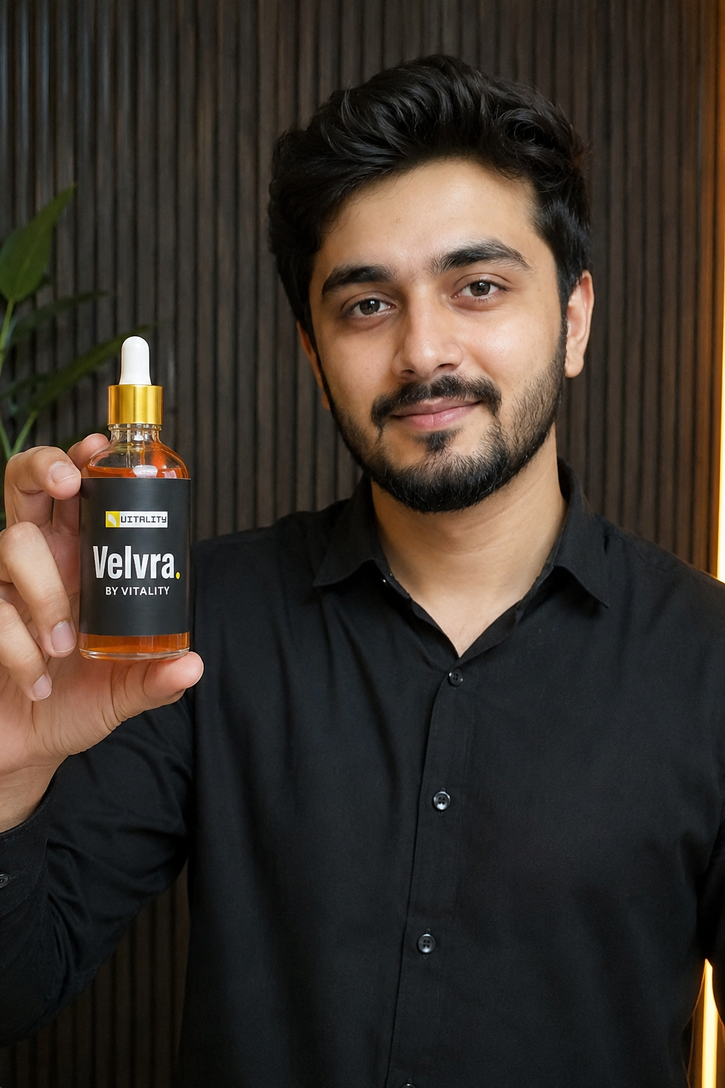 Home velvera vitality product man holding
